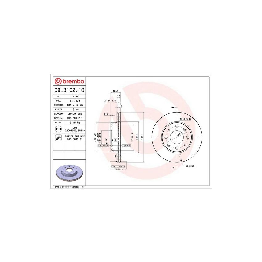 Brembo 09.3102.10 Premium Vented Brake Rotor