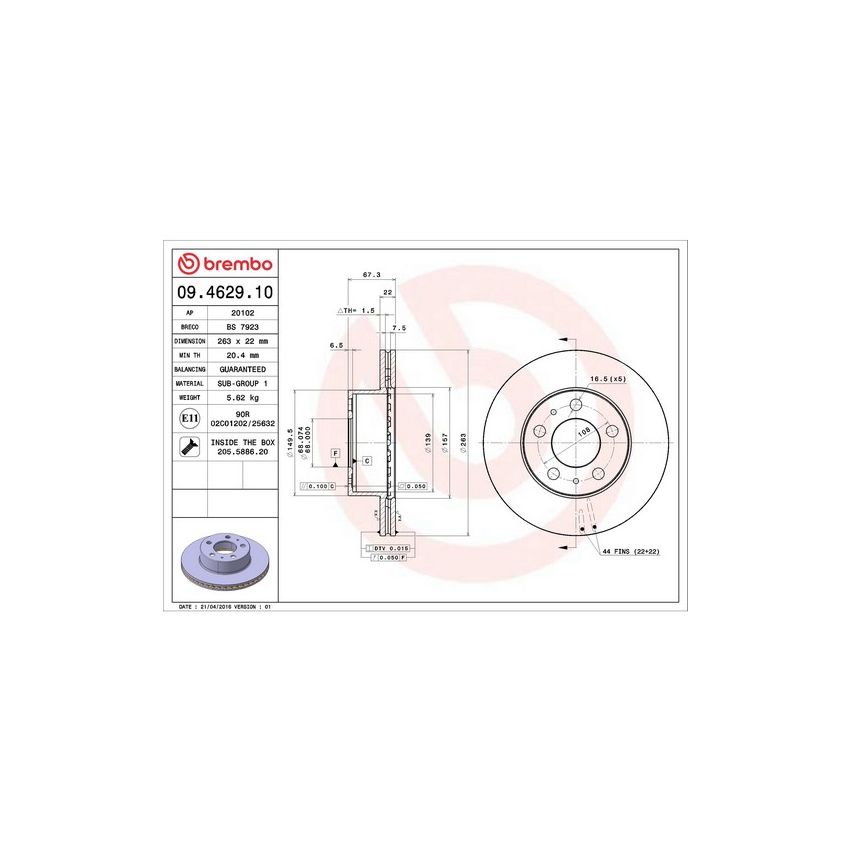 Brembo 09.4629.10 Premium Vented Brake Rotor