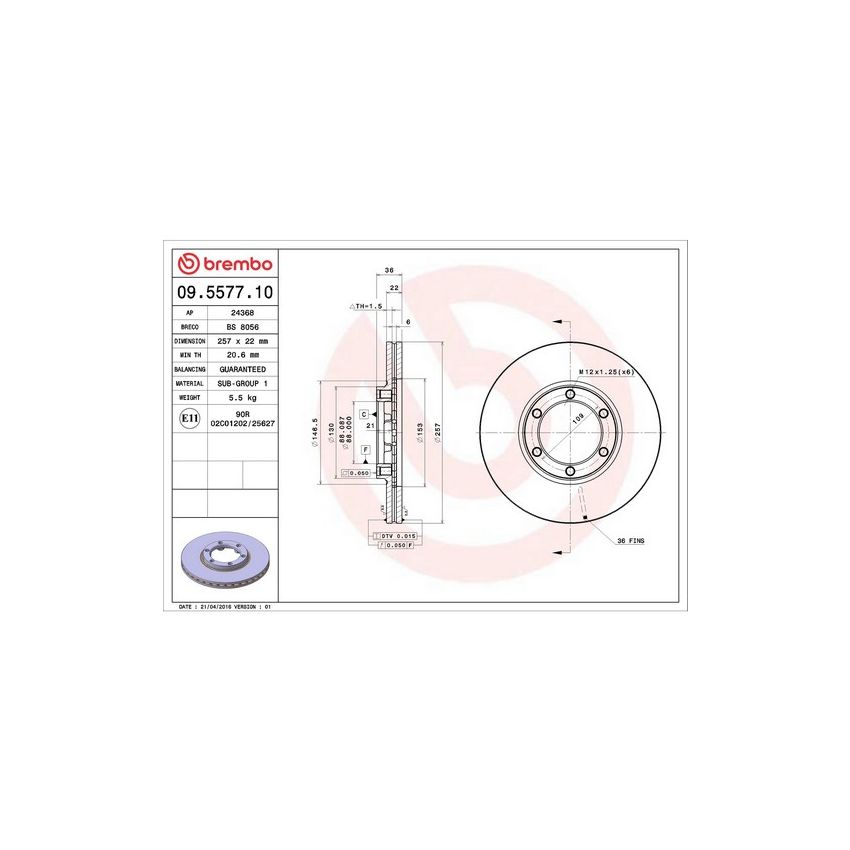Brembo 09.5577.10 Premium Vented Brake Rotor