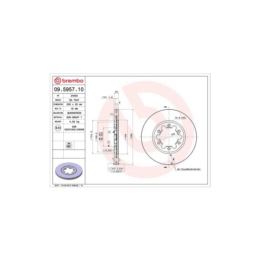 Brembo 09.5957.10 Premium Vented Brake Rotor