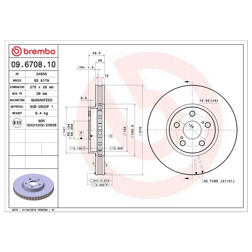 Brembo 09.6708.10 Premium Vented Brake Rotor