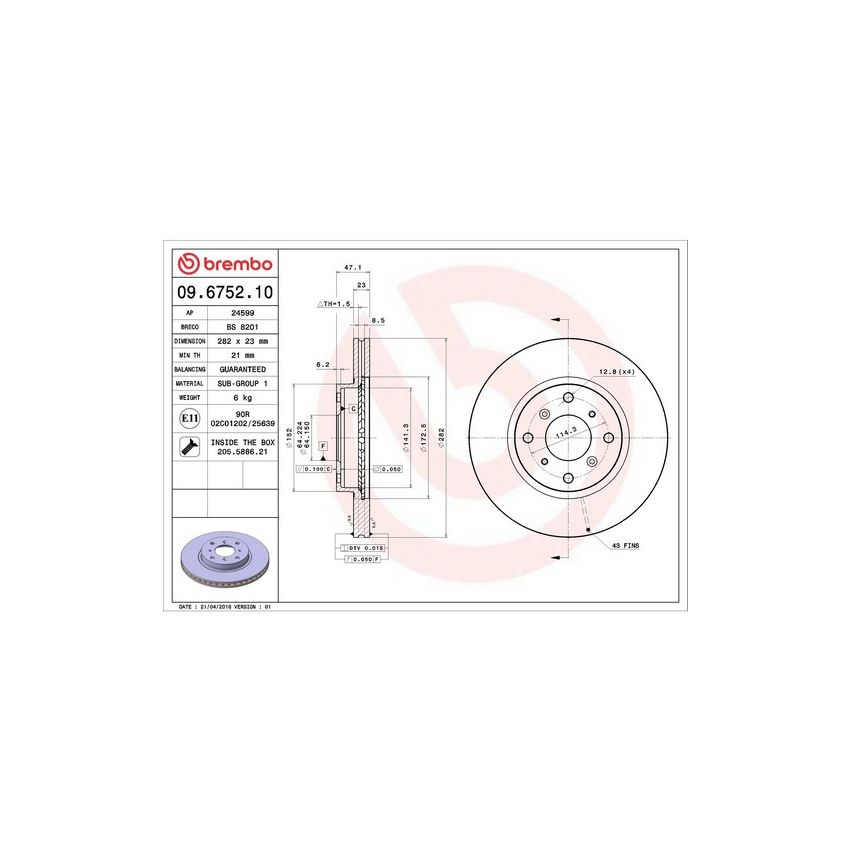 Brembo 09.6752.10 Premium Vented Brake Rotor