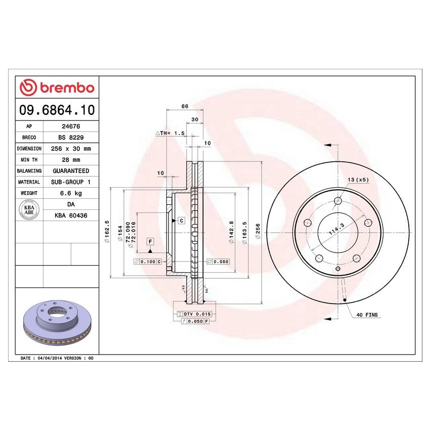 Brembo 09.6864.10 Premium Vented Brake Rotor