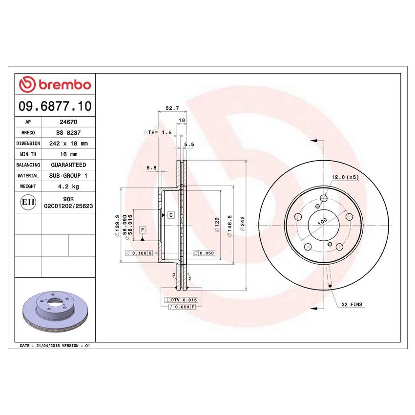 Brembo 09.6877.10 Premium Vented Brake Rotor