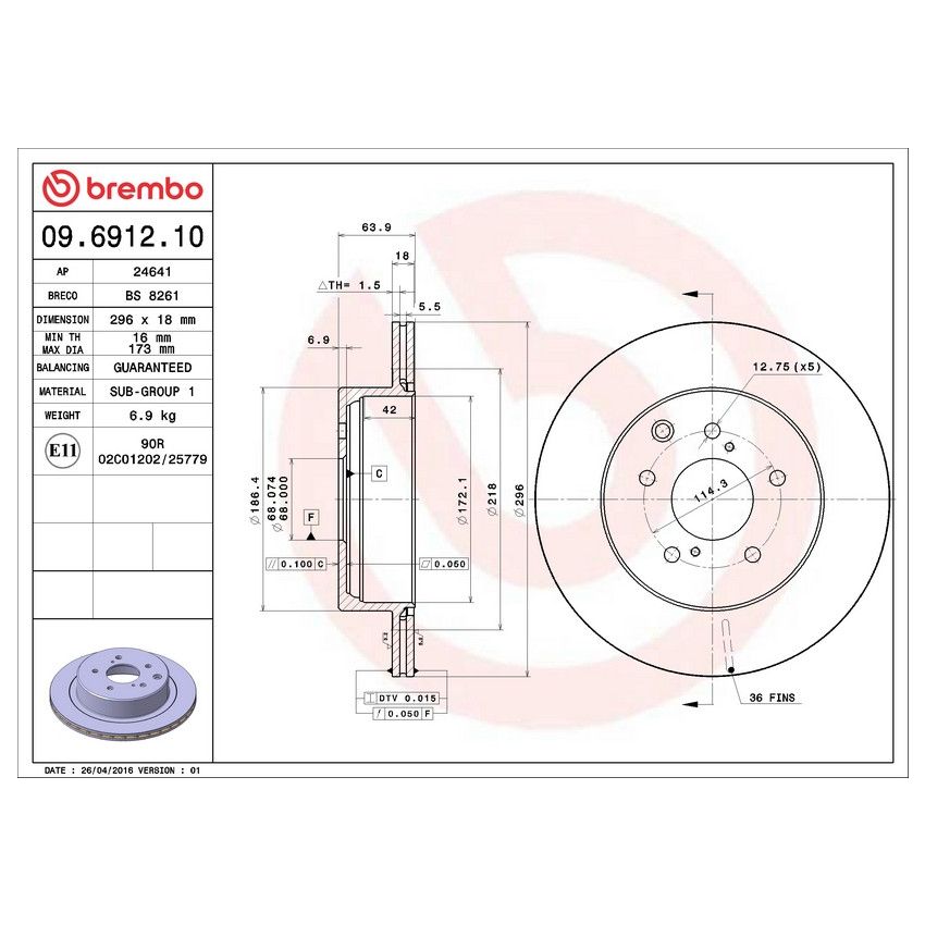 Brembo 09.6912.10 Premium Vented Brake Rotor