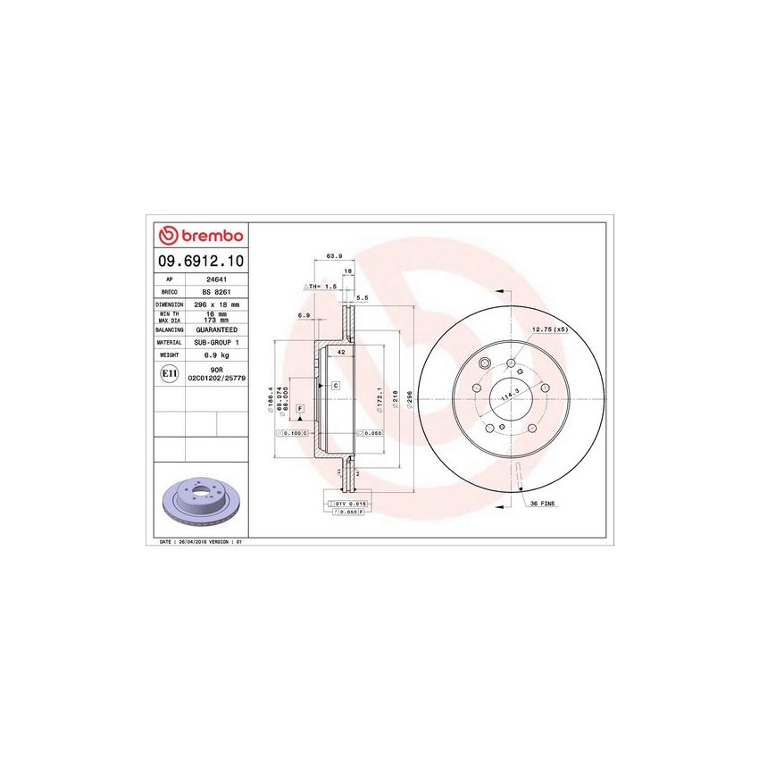 Brembo 09.6912.10 Premium Vented Brake Rotor