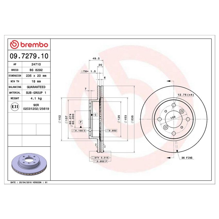 Brembo 09.7279.10 Premium Vented Brake Rotor