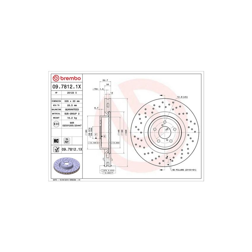 Brembo 09.7812.1X Premium UV Coated Xtra Cross Drilled Brake Rotor
