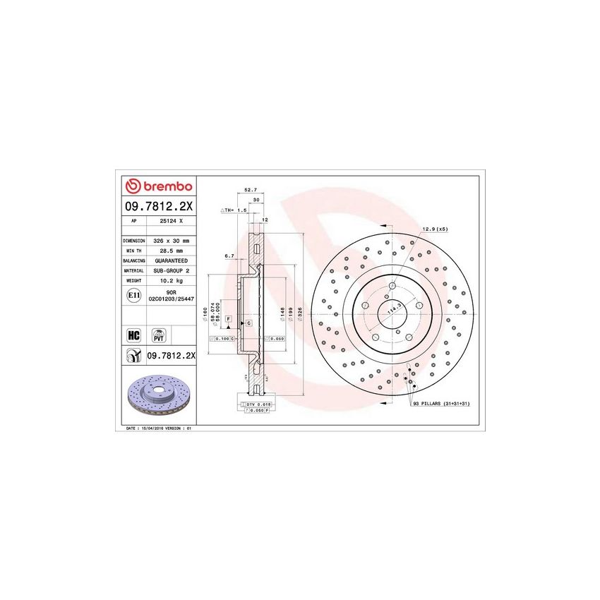 Brembo 09.7812.2X Premium UV Coated Xtra Cross Drilled Brake Rotor