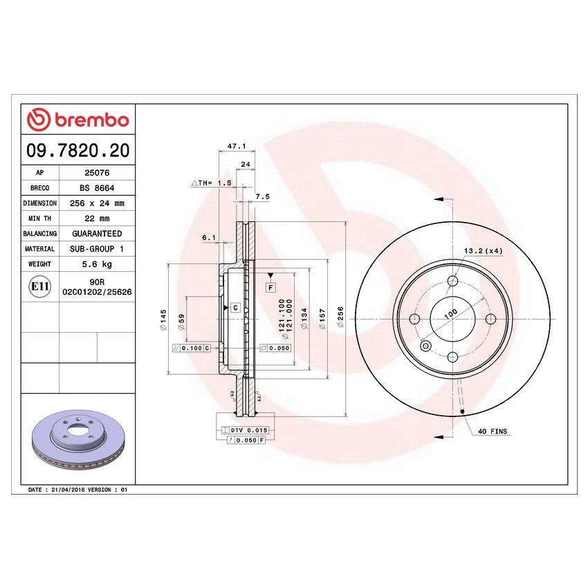 Brembo 09.7820.20 Premium Vented Brake Rotor