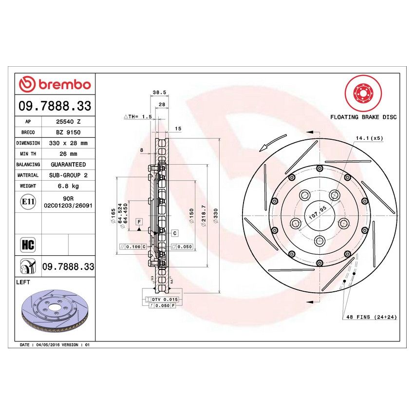 Brembo 09.7888.33 Premium Floating Two Piece UV Coated Vented Drilled And Slotted Brake Rotor
