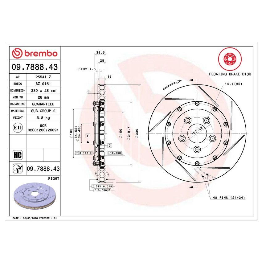 Brembo 09.7888.43 Premium Floating Two Piece UV Coated Vented Drilled And Slotted Brake Rotor