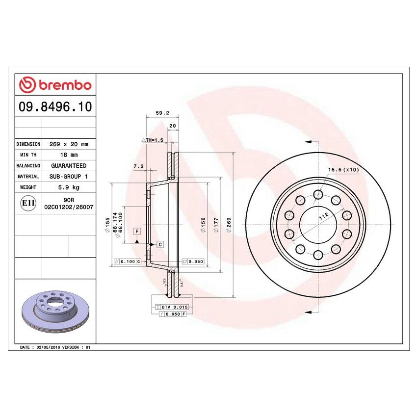 Brembo 09.8496.10 Premium Vented Brake Rotor