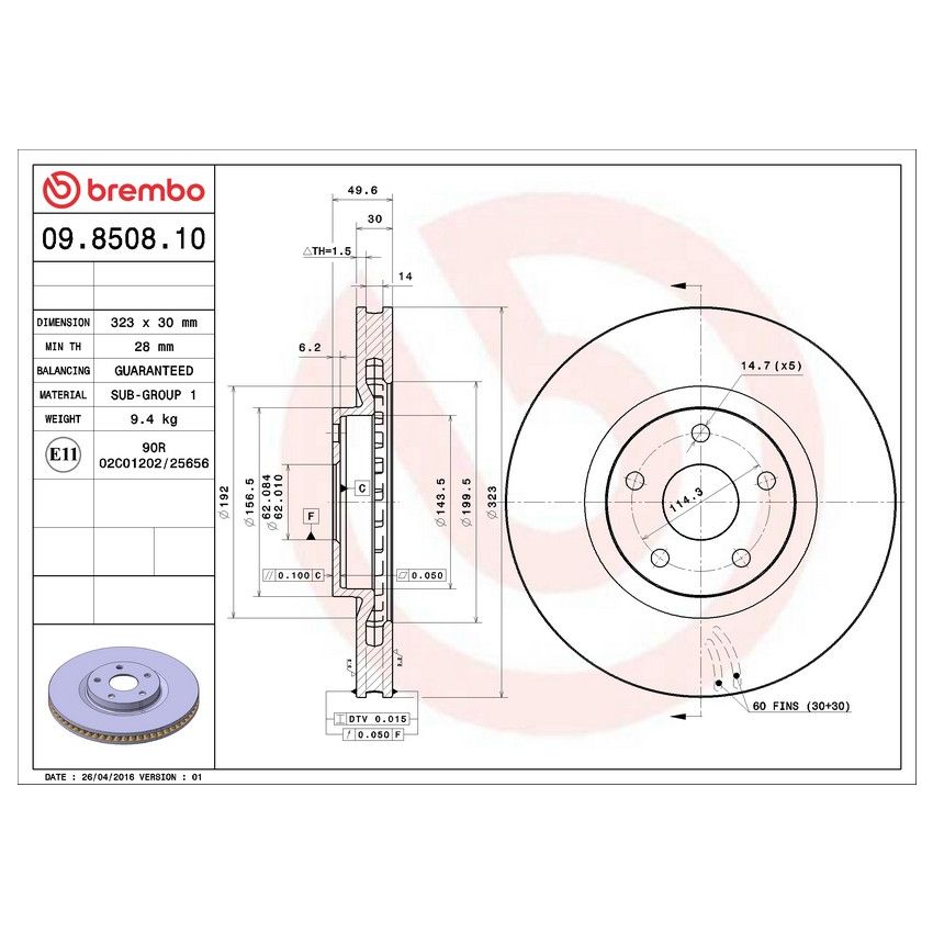 Brembo 09.8508.10 Premium Vented Brake Rotor