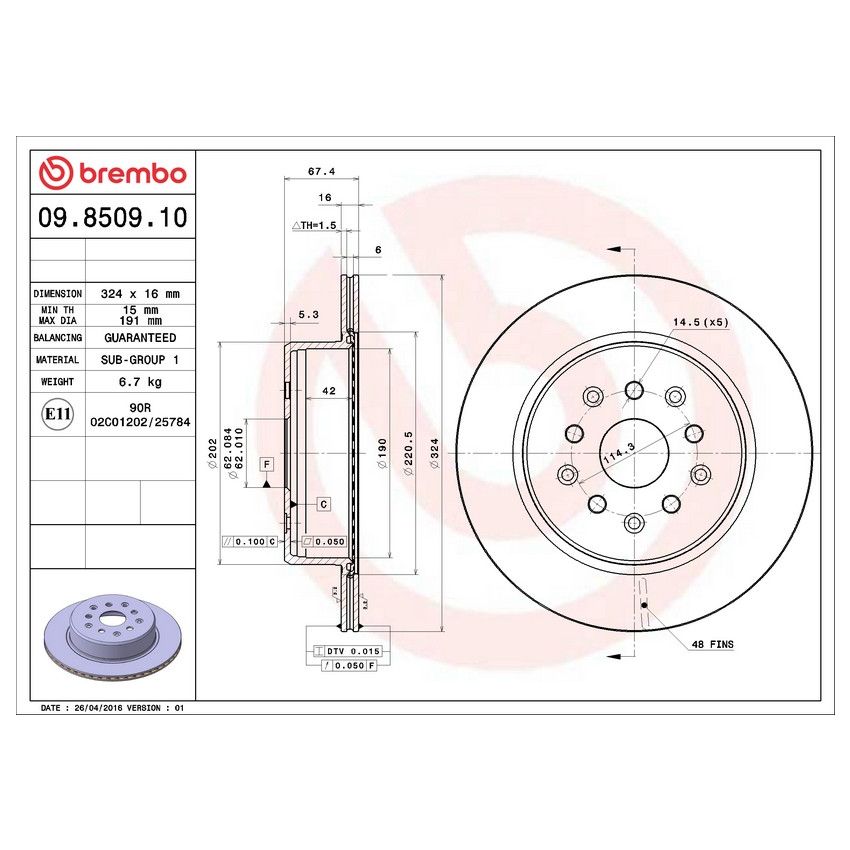Brembo 09.8509.10 Premium Vented Brake Rotor