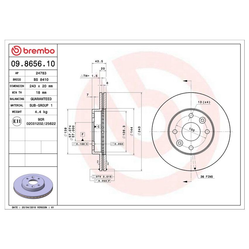 Brembo 09.8656.10 Premium Vented Brake Rotor