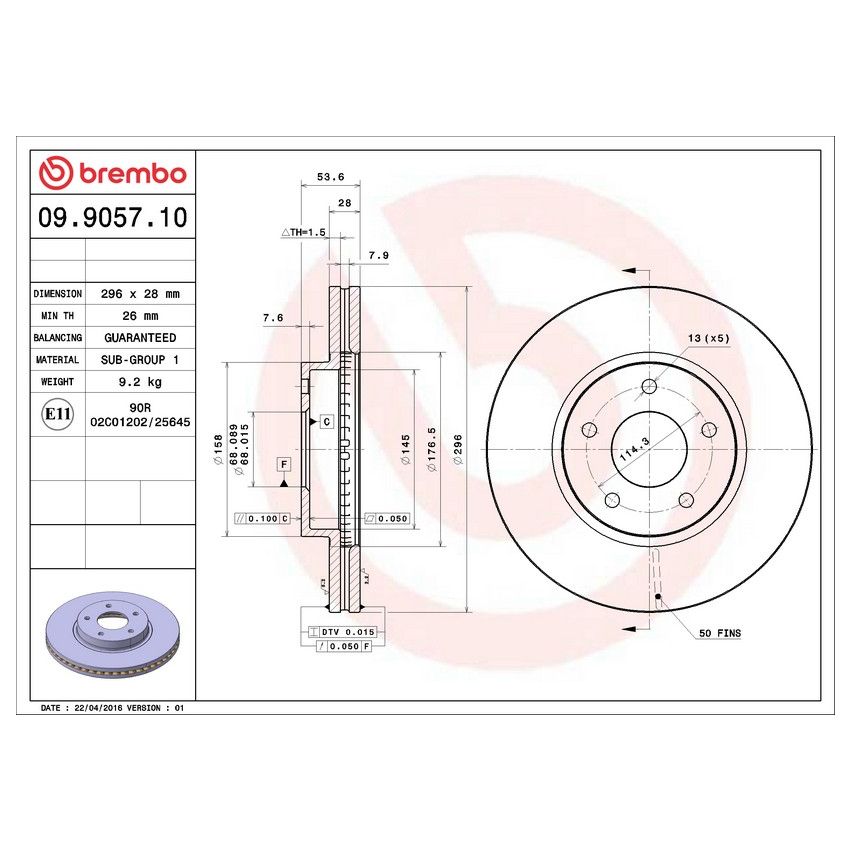 Brembo 09.9057.10 Premium Vented Brake Rotor