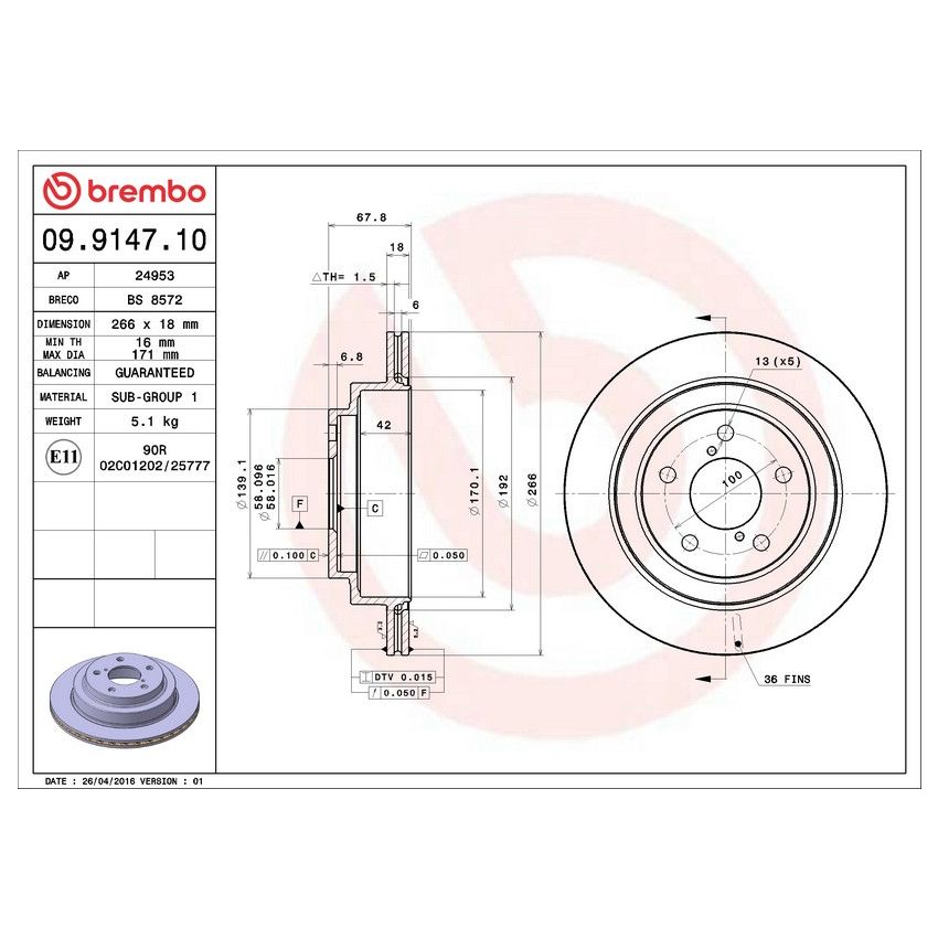 Brembo 09.9147.10 Premium Vented Brake Rotor
