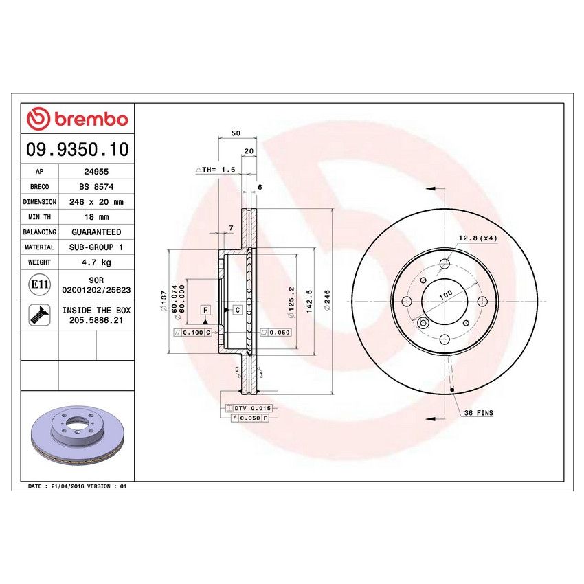 Brembo 09.9350.10 Premium Vented Brake Rotor