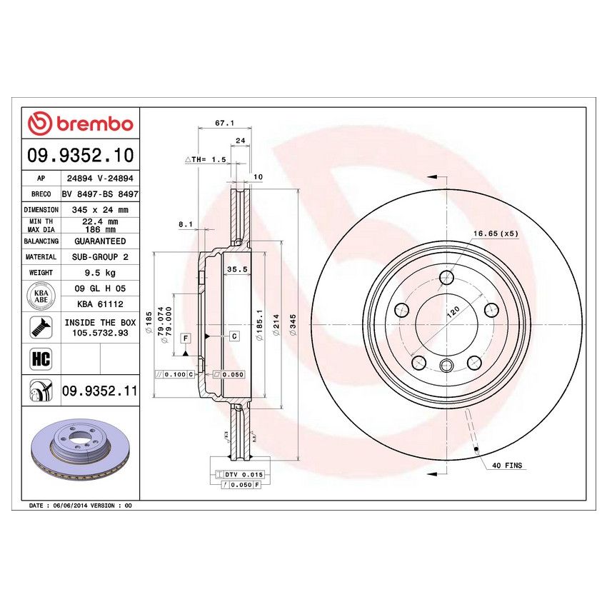 Brembo 09.9352.10 Premium Vented Brake Rotor
