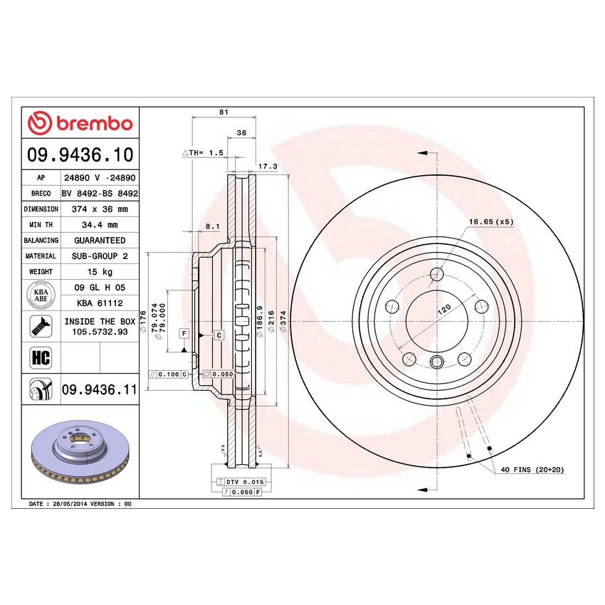 Brembo 09.9436.10 Premium Vented Brake Rotor