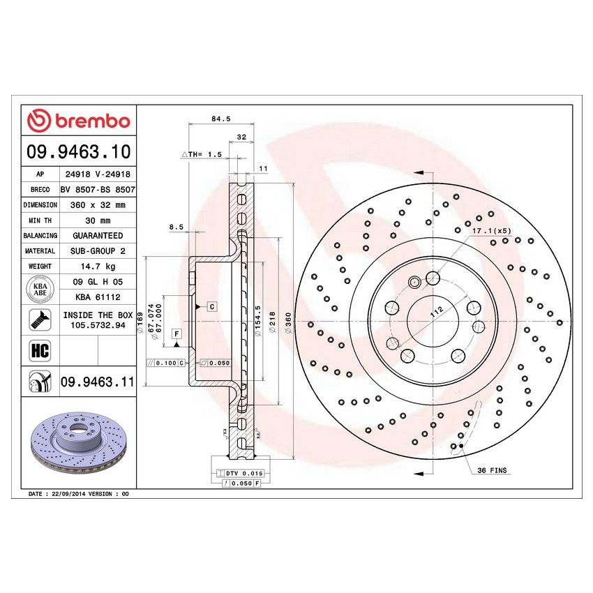 Brembo 09.9463.10 Premium Vented Brake Rotor