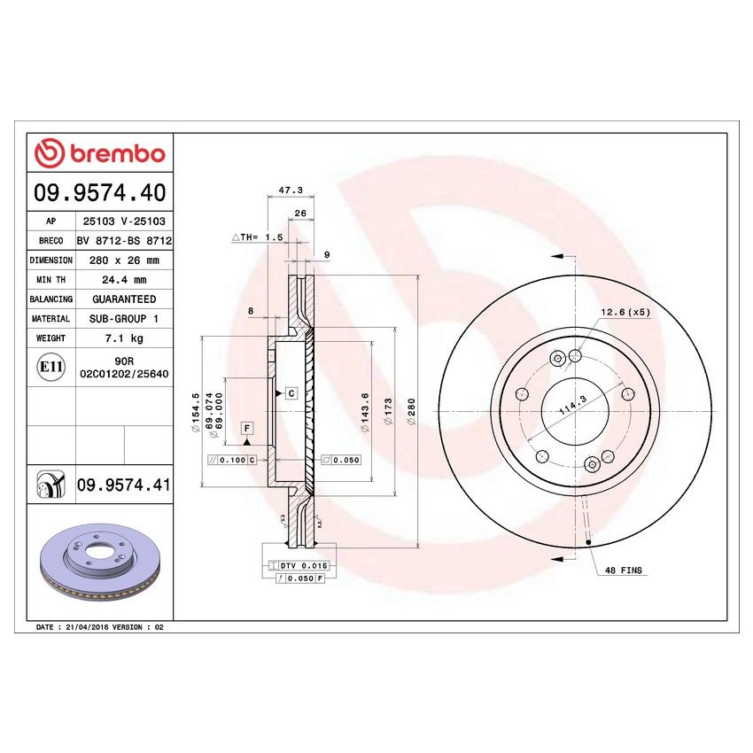 Brembo 09.9574.40 Premium Vented Brake Rotor
