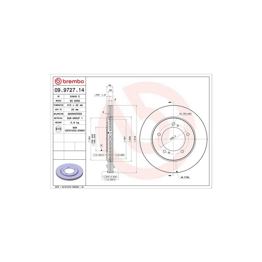 Brembo 09.9727.14 Premium Front Brake Rotor