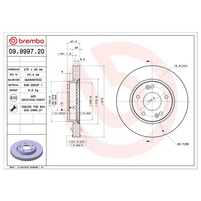 Brembo 09.9997.20 Premium Vented Brake Rotor
