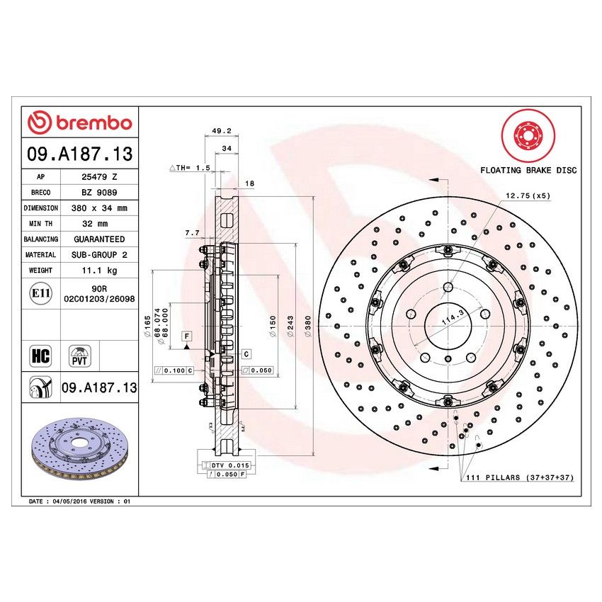Brembo 09.A187.13 Premium Floating Two Piece UV Coated Vented Drilled And Slotted Brake Rotor