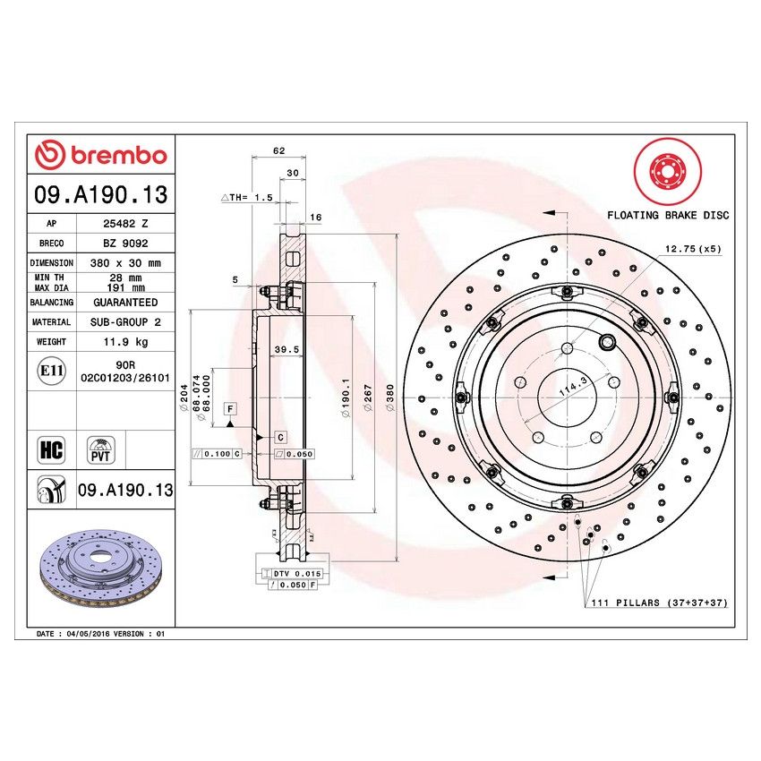 Brembo 09.A190.13 Premium Floating Two Piece UV Coated Vented Drilled And Slotted Brake Rotor