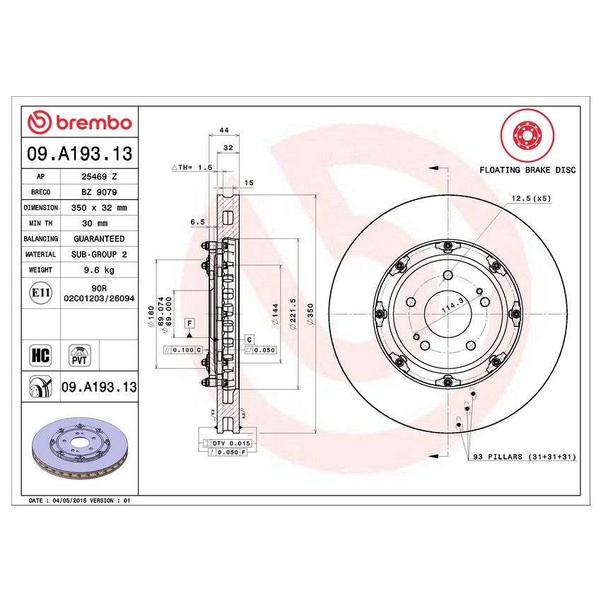 Brembo 09.A193.13 Premium Floating Two Piece UV Coated Vented Drilled And Slotted Brake Rotor