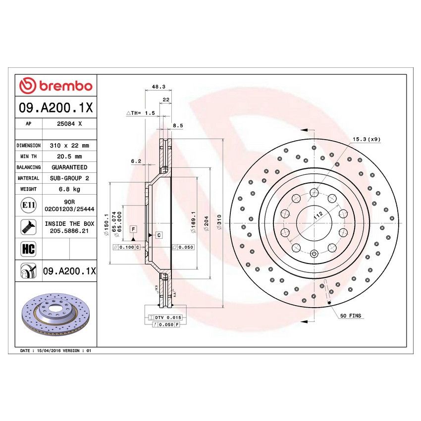 Brembo KTX4089 Brembo low-met brake pad and Xtra vented drilled brake disc kit