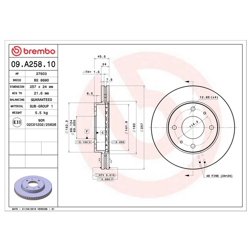 Brembo 09.A258.10 Premium Vented Brake Rotor