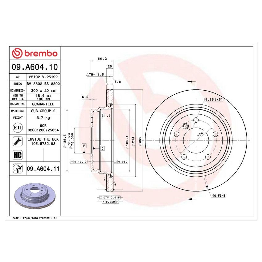 Brembo 09.A604.10 Premium Vented Brake Rotor