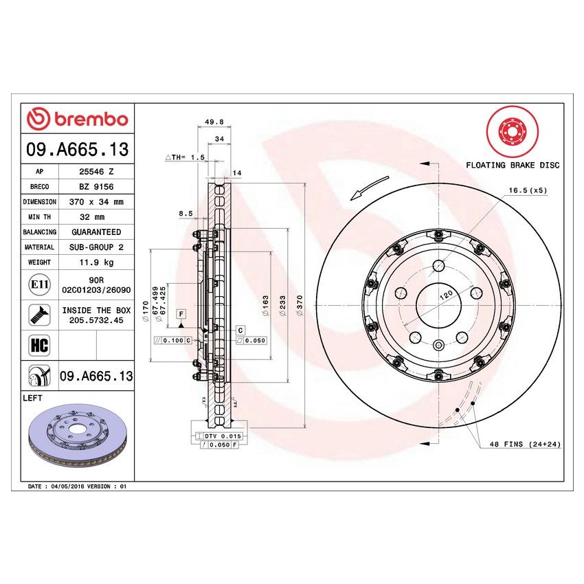 Brembo 09.A665.13 Premium Floating Two Piece UV Coated Vented Drilled And Slotted Brake Rotor