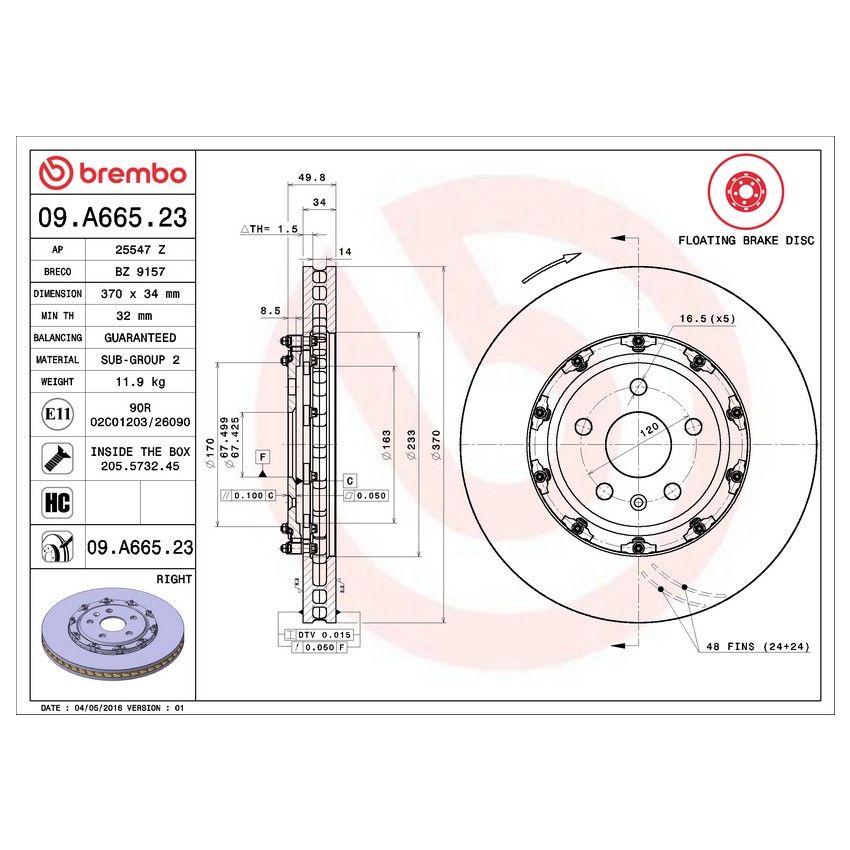 Brembo 09.A665.23 Premium Floating Two Piece UV Coated Vented Drilled And Slotted Brake Rotor