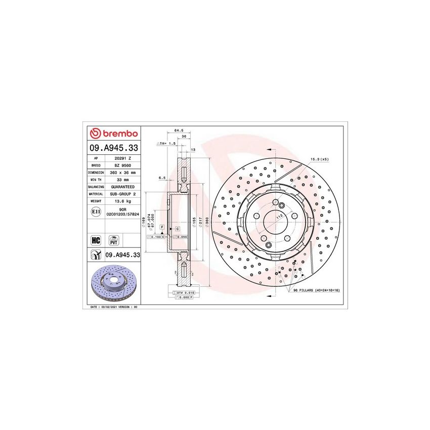 Brembo 09.A945.33 Premium Dual Cast Vented Drilled/Grooved UV Coated Brake Rotor