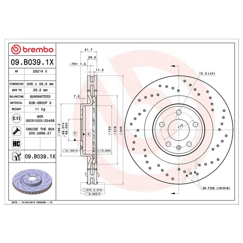 Brembo KTX4055 Brembo low-met brake pad and Xtra vented drilled brake disc kit