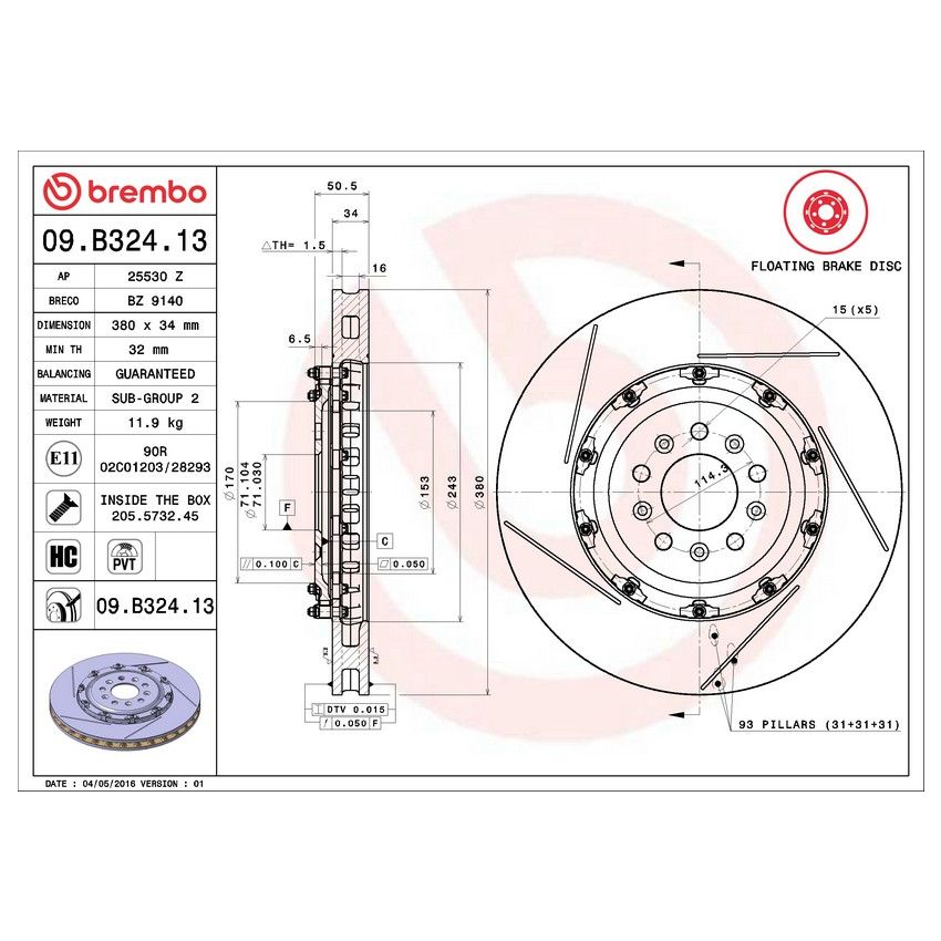 Brembo 09.B324.13 Premium Floating Two Piece UV Coated Vented Drilled And Slotted Brake Rotor
