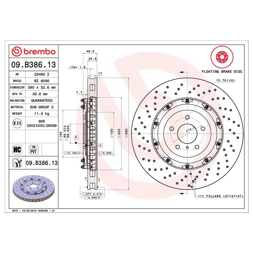Brembo 09.B386.13 Premium Floating Two Piece UV Coated Vented Drilled And Slotted Brake Rotor