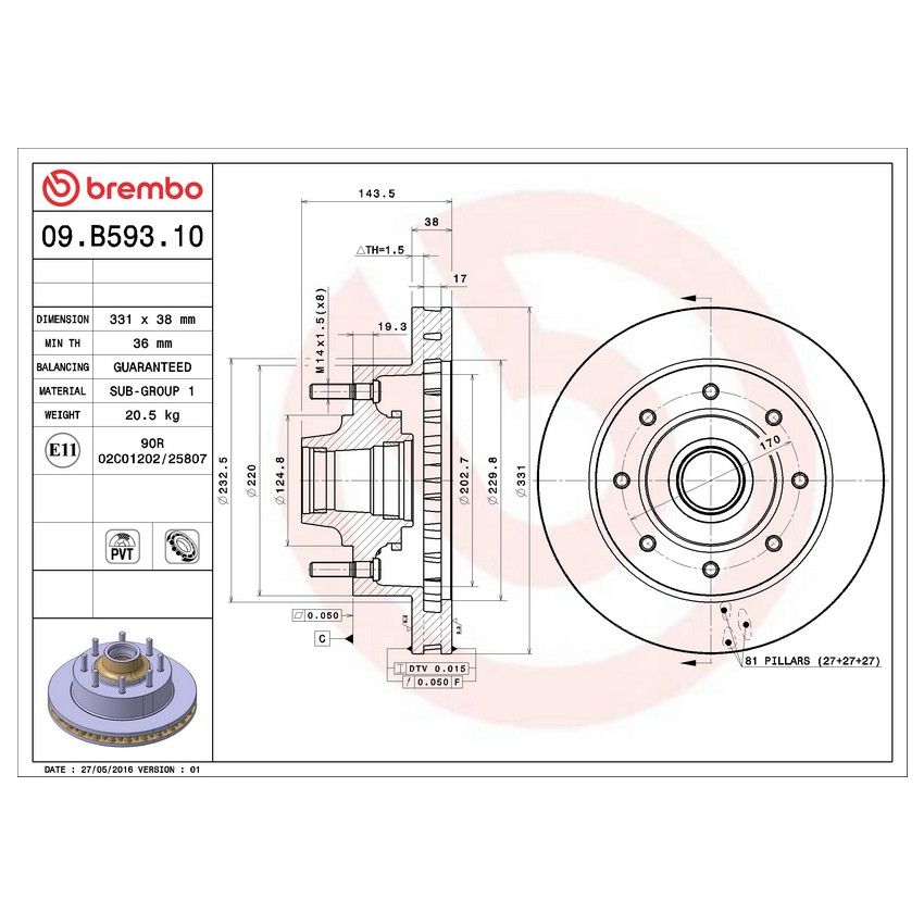 Brembo 09.B593.10 Premium Vented Brake Rotor