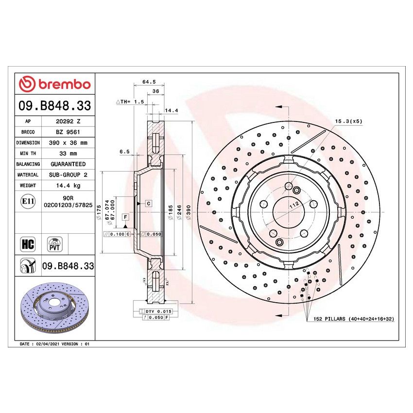 Brembo 09.B848.33 Premium Dual Cast Vented Drilled/Grooved UV Coated Brake Rotor