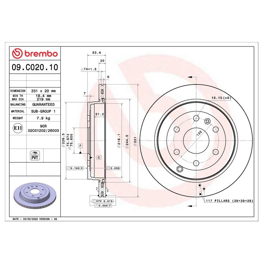 Brembo 09.C020.10 Premium Vented Brake Rotor