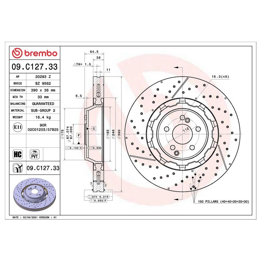Brembo 09.C127.33 Premium Dual Cast Vented Drilled/Grooved UV Coated Brake Rotor