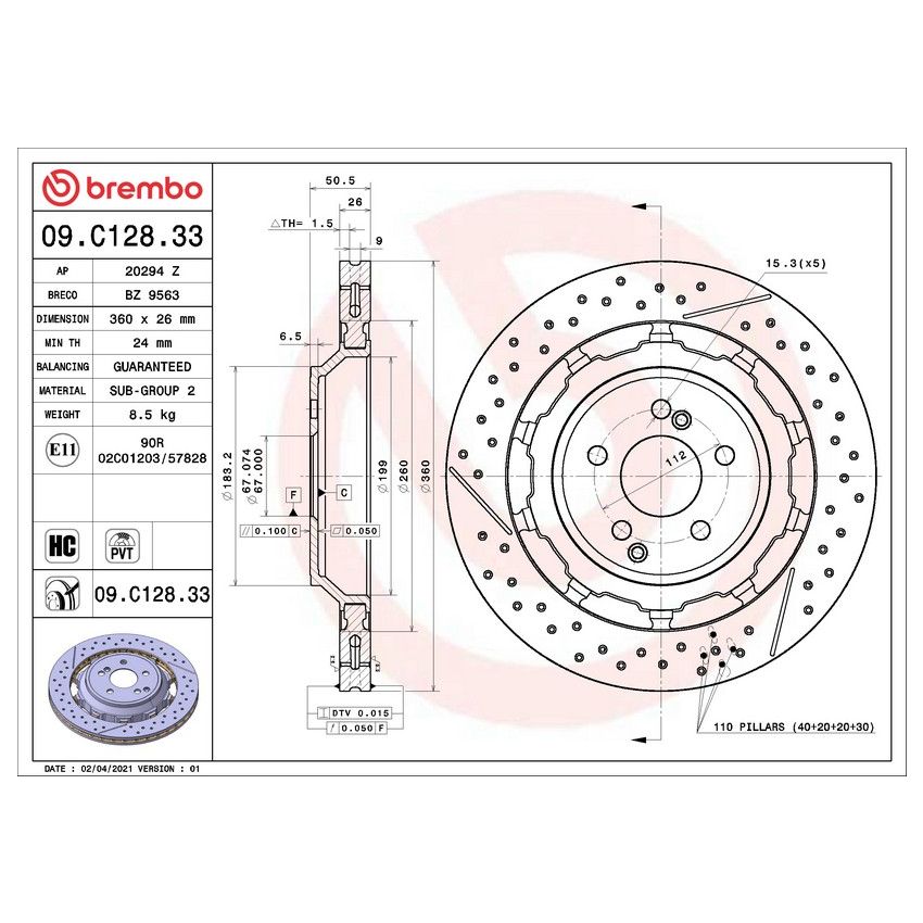 Brembo 09.C128.33 Premium Dual Cast Vented Drilled/Grooved UV Coated Brake Rotor