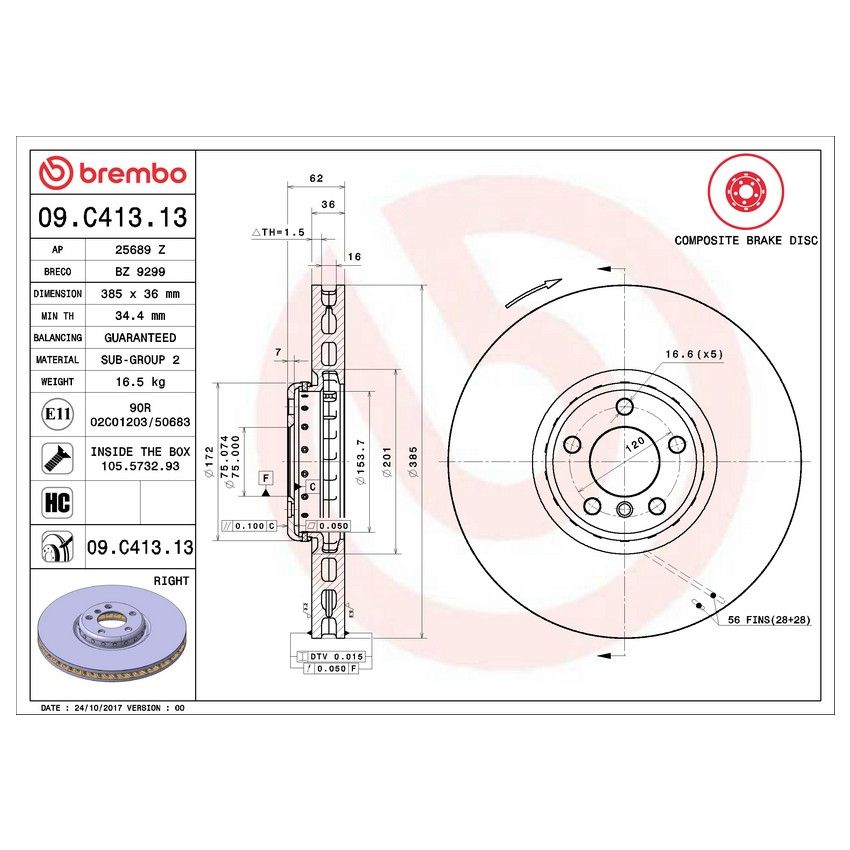 Brembo 09.C413.13 Premium Vented Composite Brake Rotor