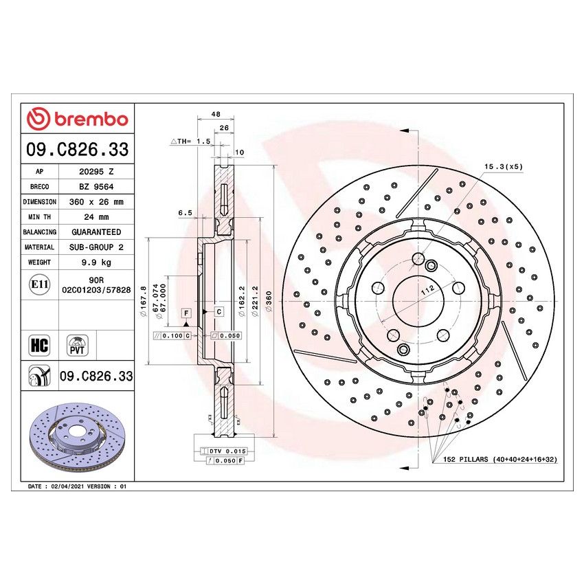 Brembo 09.C826.33 Premium Dual Cast Vented Drilled/Grooved UV Coated Brake Rotor