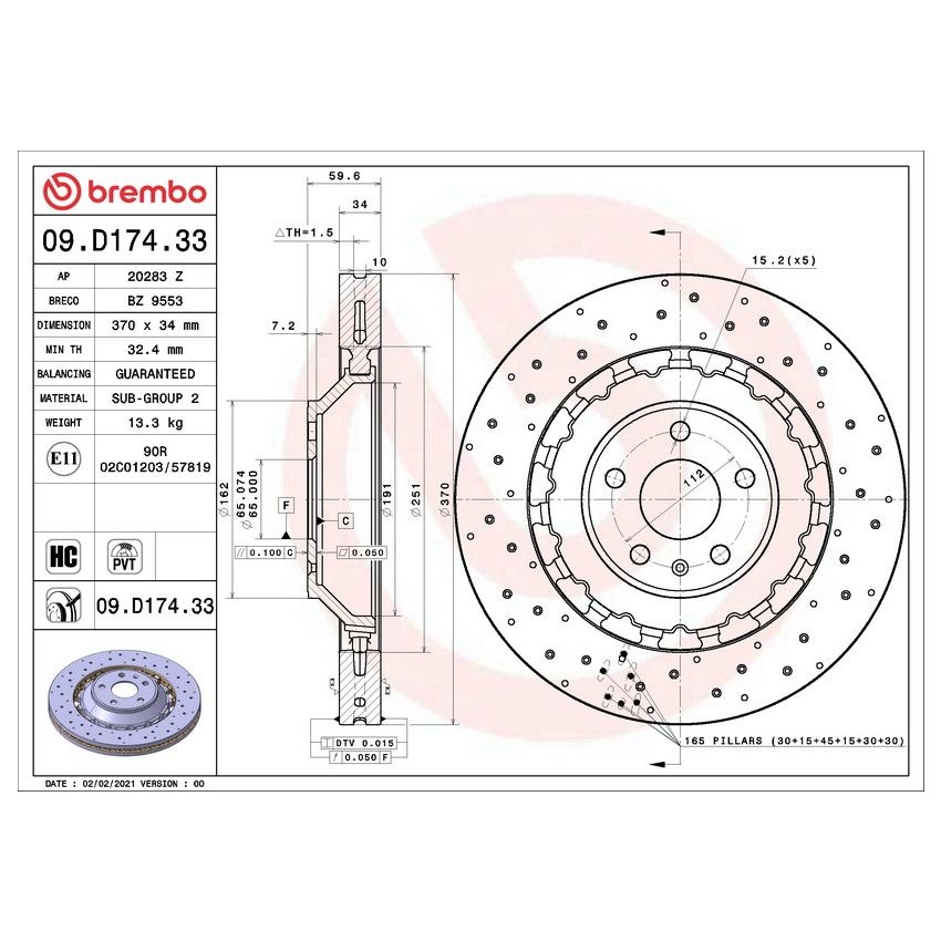 Brembo 09.D174.33 Premium Dual Cast Vented Drilled/Grooved UV Coated Brake Rotor