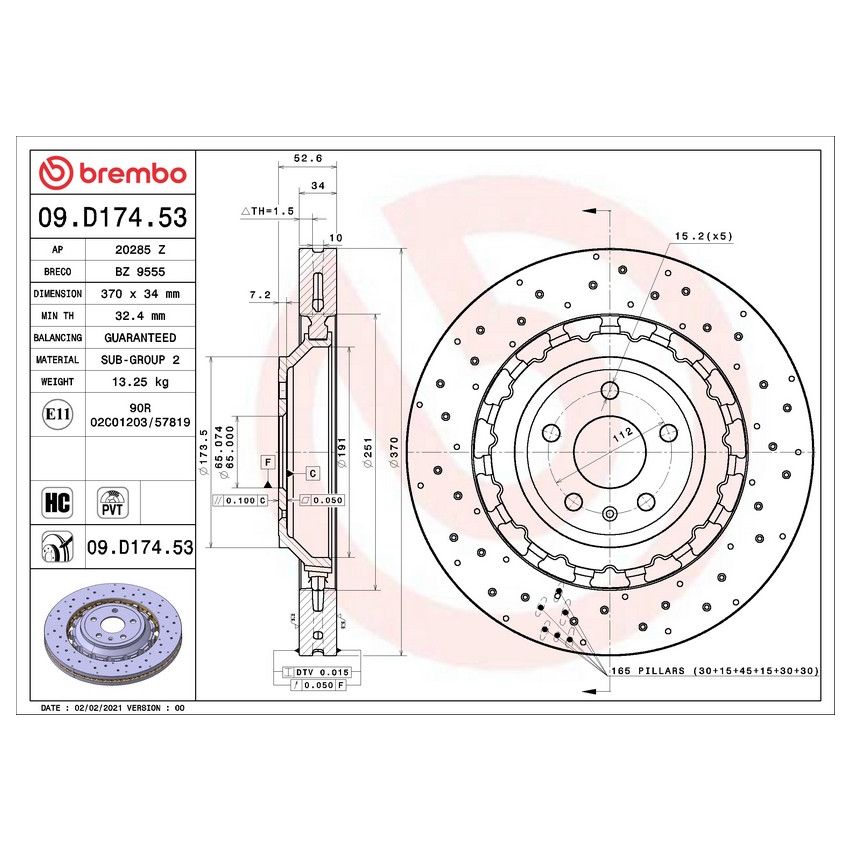Brembo 09.D174.53 Premium Dual Cast Vented Drilled/Grooved UV Coated Brake Rotor